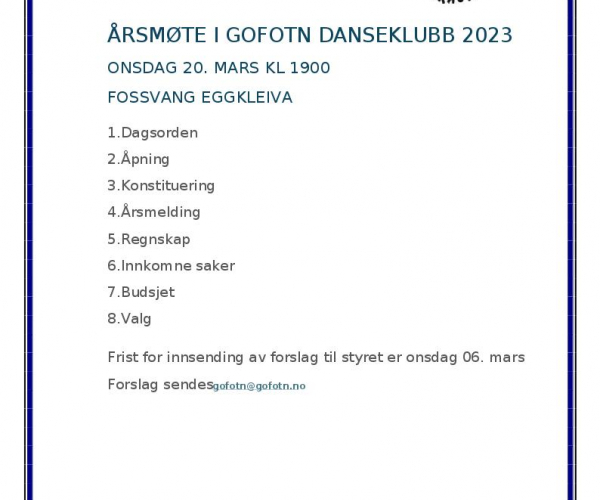 Årsmøte i Gofot'n Danseklubb 20.03.24
